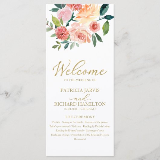 Hochzeitsprogramm für elegante Goldflora-Wasserfar Programm (Vorderseite)