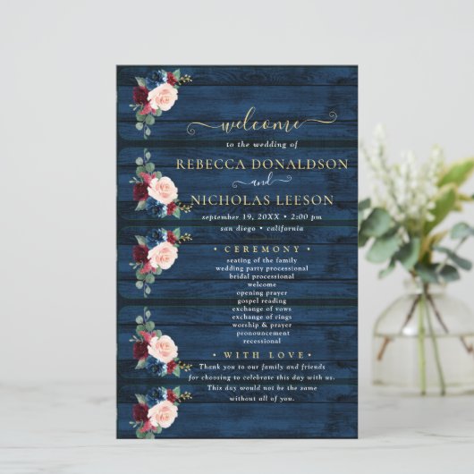 Hochzeitsprogramm für Elegante Navy-Floral-Kalligr (Stehend Vorderseite)