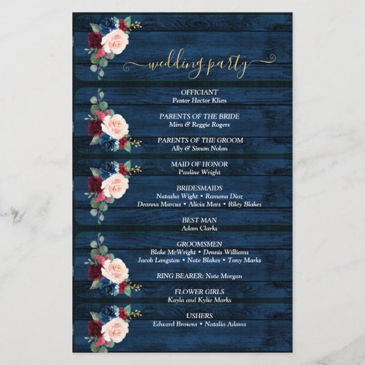Hochzeitsprogramm für Elegante Navy-Floral-Kalligr (Rückseite)