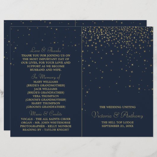 Hochzeitsprogramm für elegante Navy & Gold Falling (Vorne/Hinten)