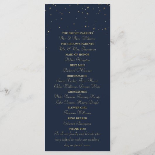 Hochzeitsprogramm für elegante Navy & Gold Falling Programm (Rückseite)