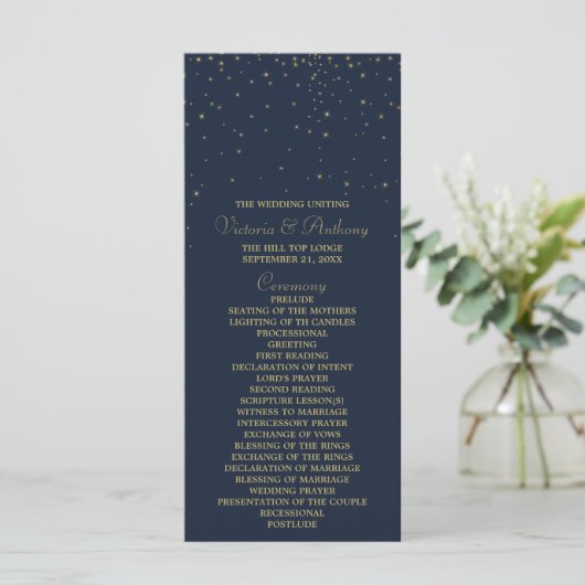 Hochzeitsprogramm für elegante Navy & Gold Falling Programm (Stehend Vorderseite)