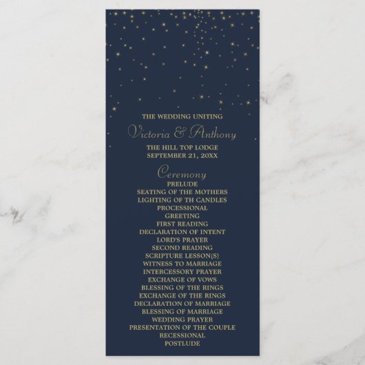 Hochzeitsprogramm für elegante Navy & Gold Falling Programm (Vorderseite)