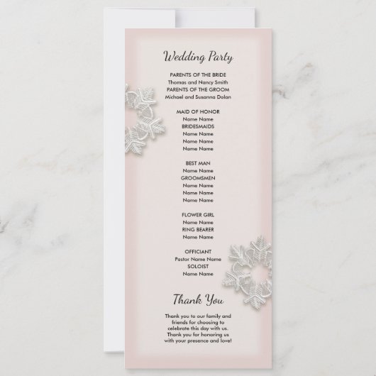 Hochzeitsprogramm für elegante Schneeflocken Einladung (Rückseite)