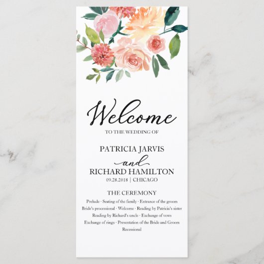 Hochzeitsprogramm für elegante Wasserfarben 4x9 Programm (Vorderseite)