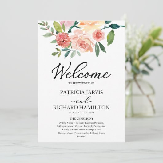 Hochzeitsprogramm für elegante Wasserfarben Programm (Stehend Vorderseite)