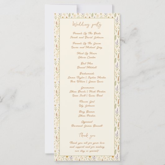 Hochzeitsprogramm für elegante Wasserfarben-Wildbl (Rückseite)