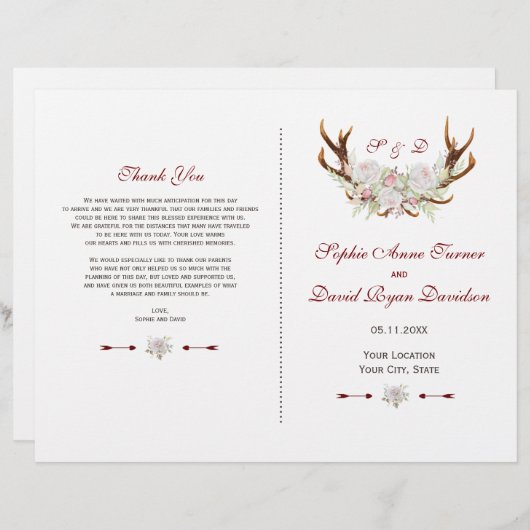 Hochzeitsprogramm für elegante White Blume Antlers (Vorne/Hinten)