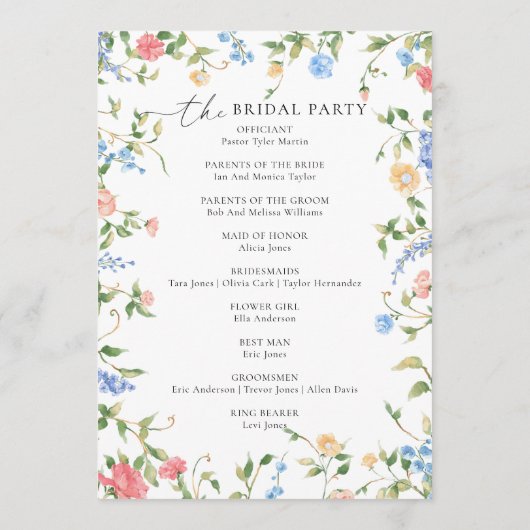 Hochzeitsprogramm für elegante Wildblumen Programm (Rückseite)