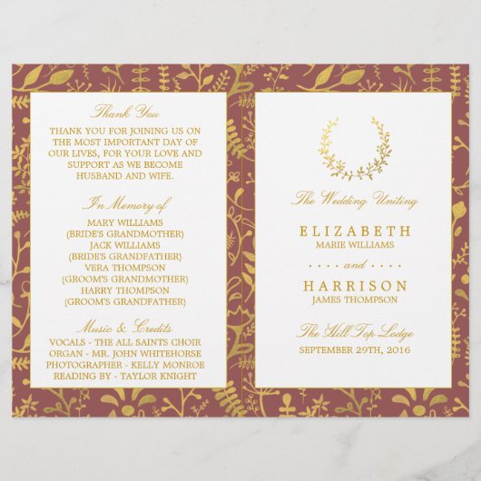 Hochzeitsprogramm für Elegantes Gold Floral Wreath (Vorderseite)