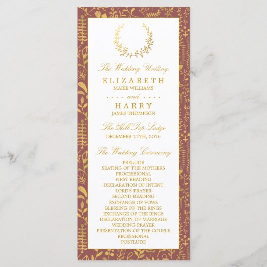 Hochzeitsprogramm für Elegantes Gold Floral Wreath Programm (Vorderseite)