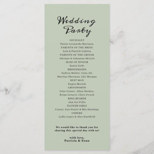 Hochzeitsprogramm für Elegantes Grün Programm (Rückseite)