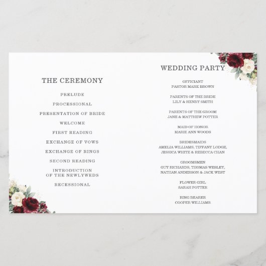 Hochzeitsprogramm für Elfenbein Burgund (Rückseite)