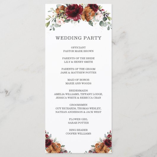 Hochzeitsprogramm für Elfenbein Burgund Orange Programm (Rückseite)