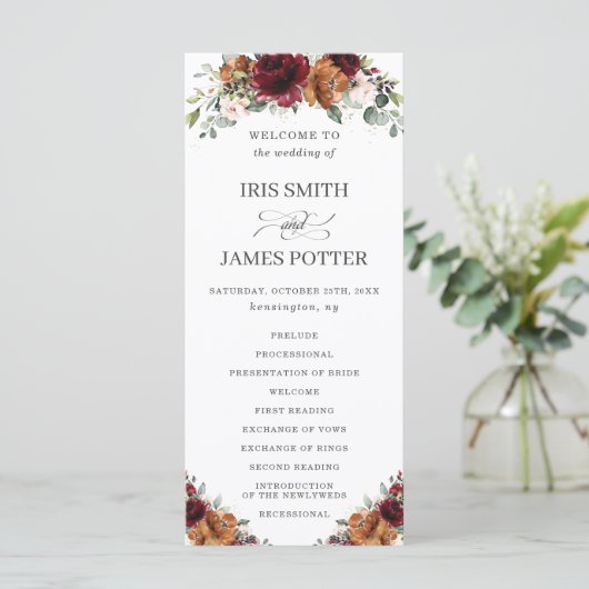 Hochzeitsprogramm für Elfenbein Burgund Orange Programm (Stehend Vorderseite)