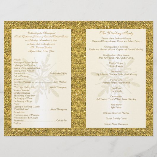 Hochzeitsprogramm für Elfenbein & Gold Glitzer Sno (Rückseite)