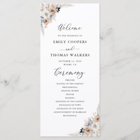 Hochzeitsprogramm für Elfenbein und Blue Boho Programm (Vorderseite)