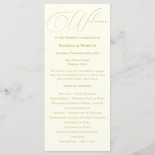 Hochzeitsprogramm für Elfenbein und Gold Programm (Vorderseite)