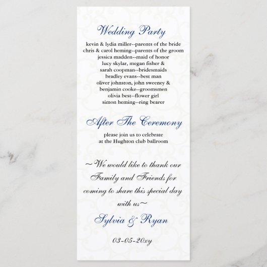 Hochzeitsprogramm für Elfenbein und Königsblauer Programm (Rückseite)