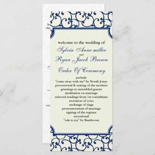 Hochzeitsprogramm für Elfenbein und Königsblauer Programm (Vorne/Hinten)