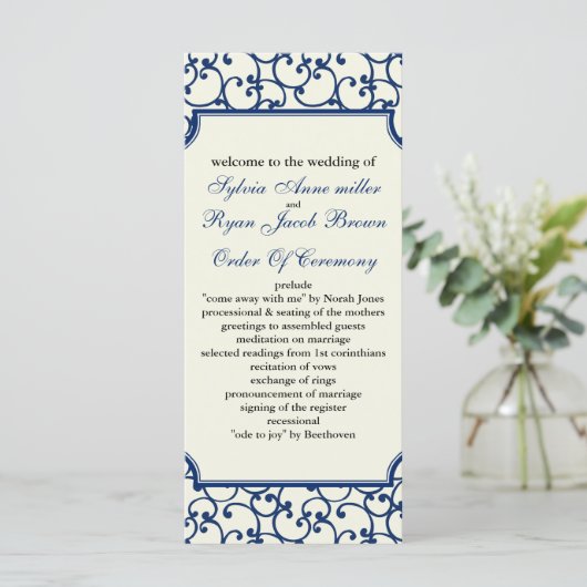 Hochzeitsprogramm für Elfenbein und Königsblauer Programm (Stehend Vorderseite)