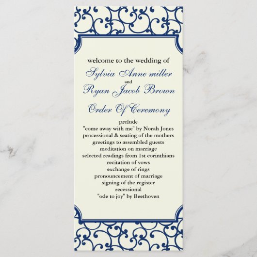 Hochzeitsprogramm für Elfenbein und Königsblauer Programm (Vorderseite)