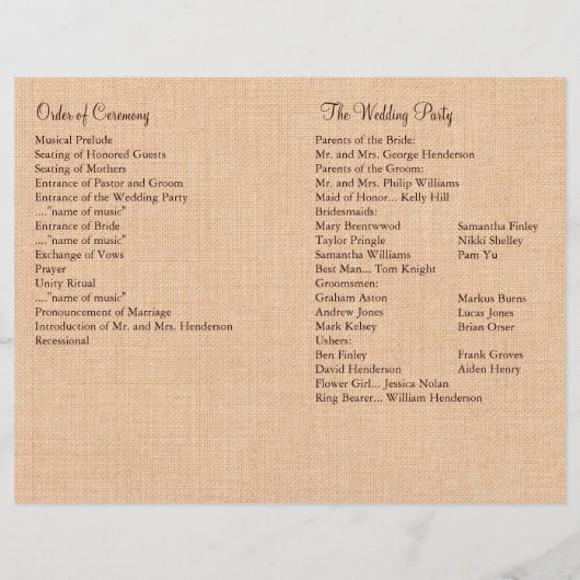 Hochzeitsprogramm für Elfenbein und leichte Burlap (Rückseite)