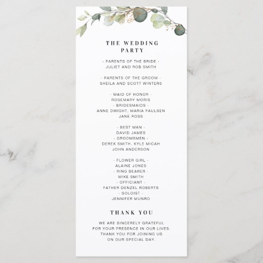 Hochzeitsprogramm für Eukalyptus Programm (Rückseite)