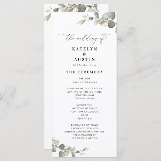 Hochzeitsprogramm für Eukalyptus Programm (Vorne/Hinten)