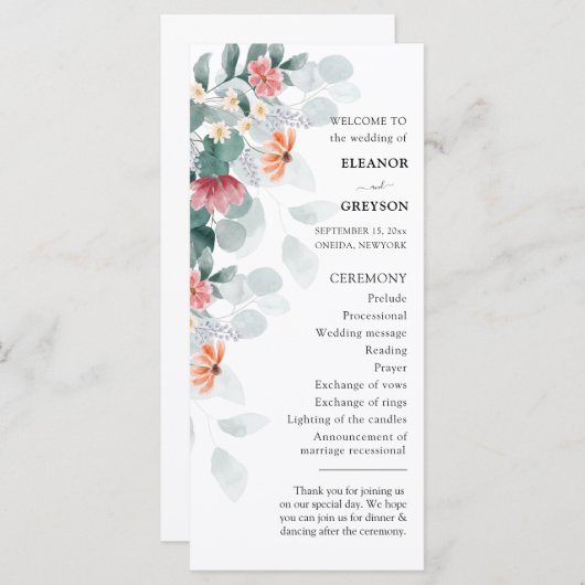 Hochzeitsprogramm für Eukalyptus-Wildblumen (Vorne/Hinten)