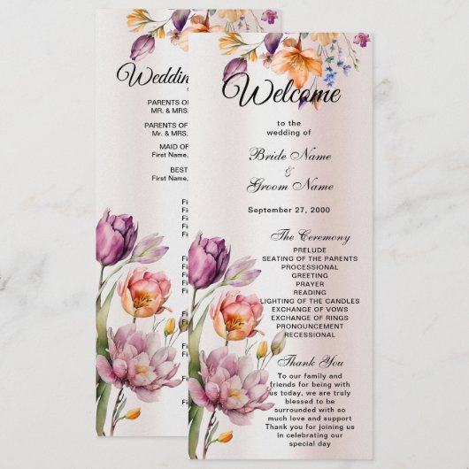 Hochzeitsprogramm für farbenfrohe Frühlingsblumen Programm (Vorne/Hinten)