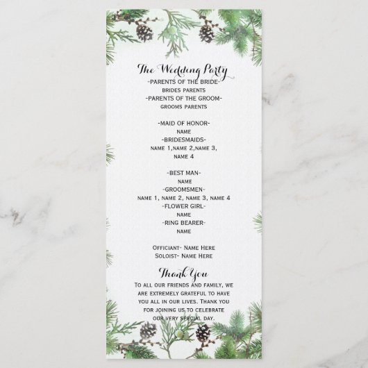 Hochzeitsprogramm für Ferienhäuser Green & Pine Co Programm (Rückseite)