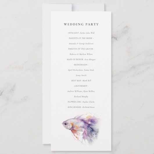 Hochzeitsprogramm für Fische an der Küste von Lila Einladung (Rückseite)