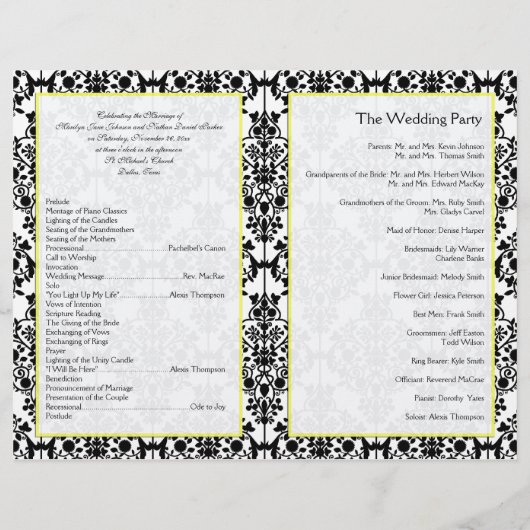 Hochzeitsprogramm für Gelb, Schwarz und Weiß (Rückseite)