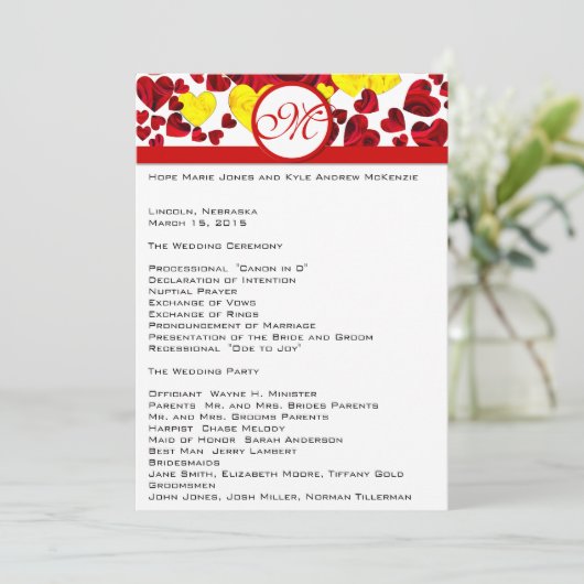 Hochzeitsprogramm für Gelb und Rote Rosen Programm (Stehend Vorderseite)
