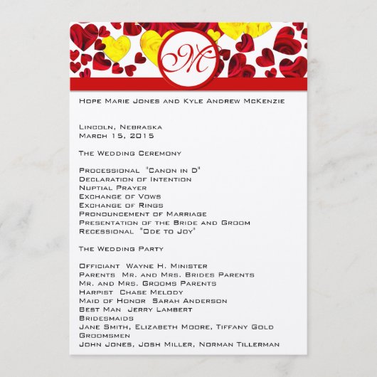 Hochzeitsprogramm für Gelb und Rote Rosen Programm (Vorderseite)