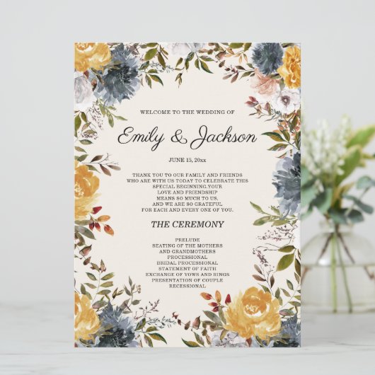 Hochzeitsprogramm für gelbe Navy und blaue Flora Programm (Stehend Vorderseite)