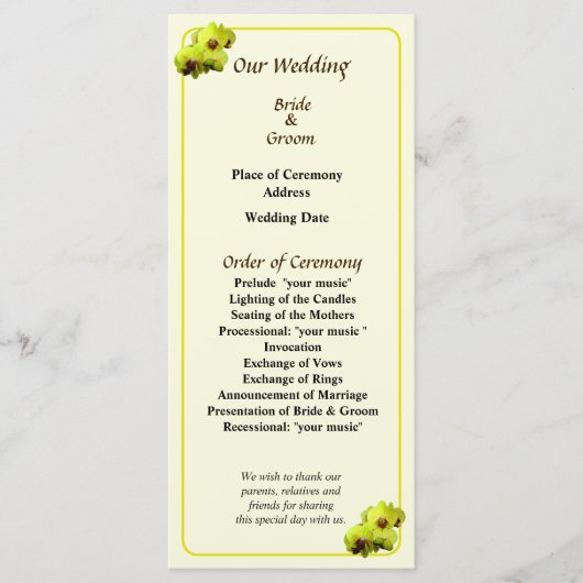 Hochzeitsprogramm für Gelbe Orchideen Programm (Vorderseite)