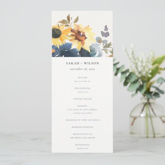 Hochzeitsprogramm für gelbe Sonnenblumen Einladung (Stehend Vorderseite)