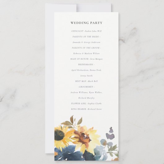 Hochzeitsprogramm für gelbe Sonnenblumen Einladung (Rückseite)