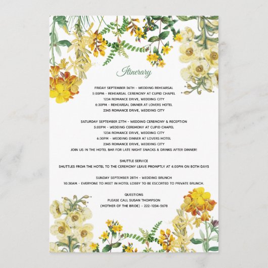 Hochzeitsprogramm für Gelbe Wasserfarben Programm (Rückseite)