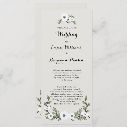 Hochzeitsprogramm für gemalte Anemonen Programm (Vorne/Hinten)