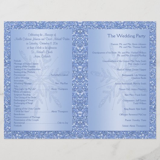Hochzeitsprogramm für Glittery Blue Snowflake (Rückseite)
