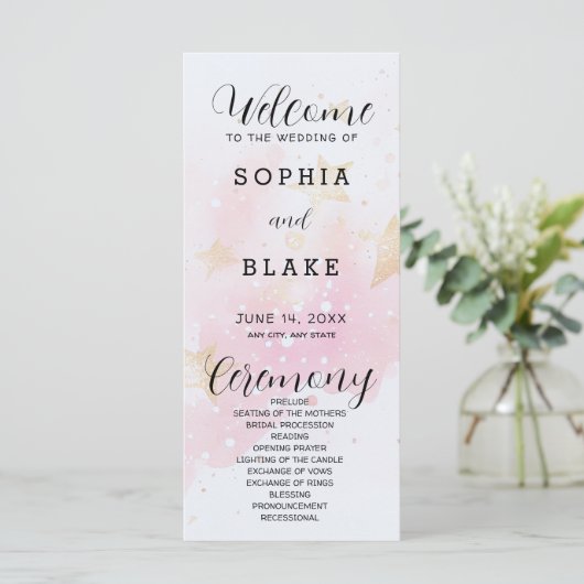 Hochzeitsprogramm für Gold, Blush & Off White Star (Stehend Vorderseite)