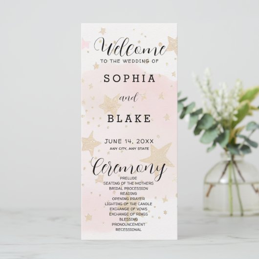 Hochzeitsprogramm für Gold, Blush & Off White Star (Stehend Vorderseite)