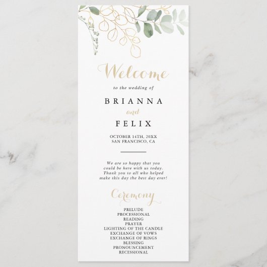 Hochzeitsprogramm für Gold Green Foliage Programm (Vorderseite)