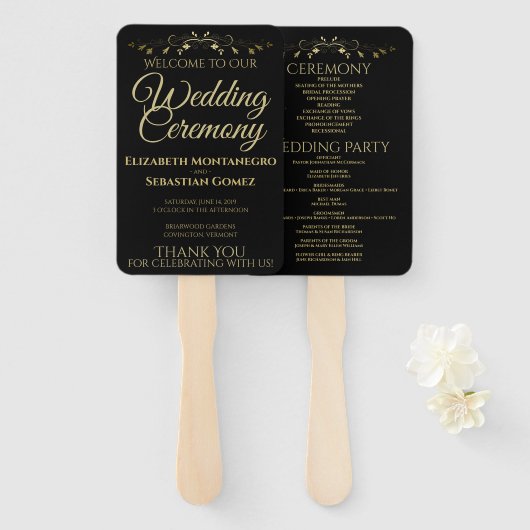 Hochzeitsprogramm für Gold und Black Elegant Blühe Fächer (Vorne und Hinten)