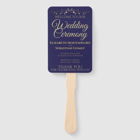 Hochzeitsprogramm für Gold und Navy Blue Elegant B Fächer (Vorderseite)