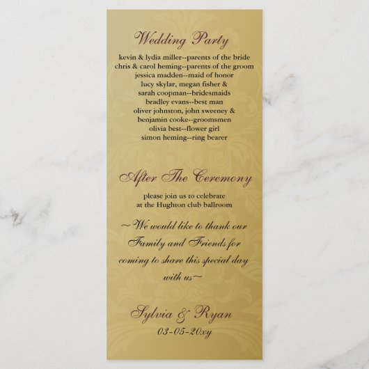 Hochzeitsprogramm für Gold und Rosa Programm (Rückseite)