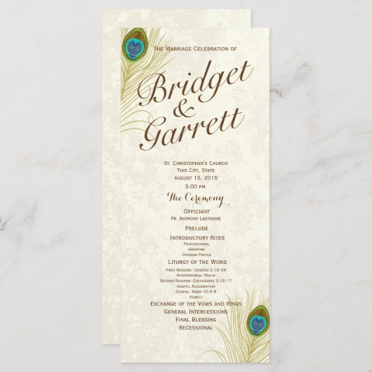 Hochzeitsprogramm für Golden Peacock Feathers Programm (Vorne/Hinten)